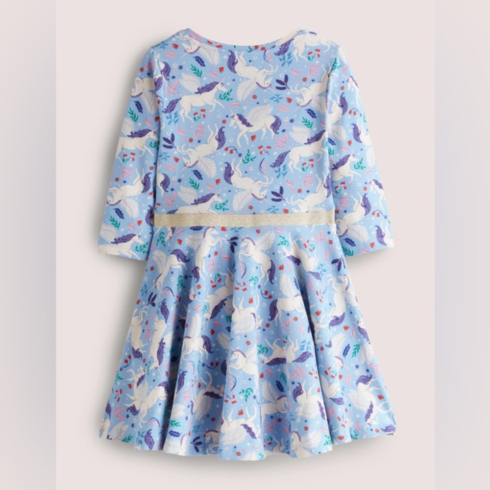 5/$25 Whimsical Mini Boden Light Blue Twirl Dress with Unicorns